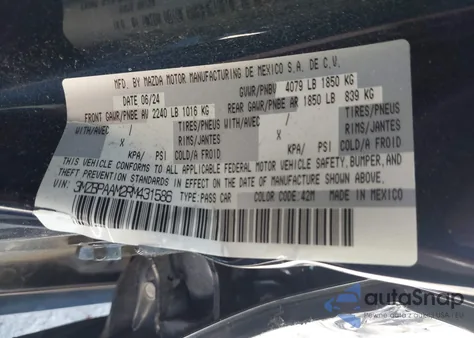 2024 Mazda Mazda3 2.5 S z USA, uszkodzony, nr VIN 3MZBPAAM2RM431586